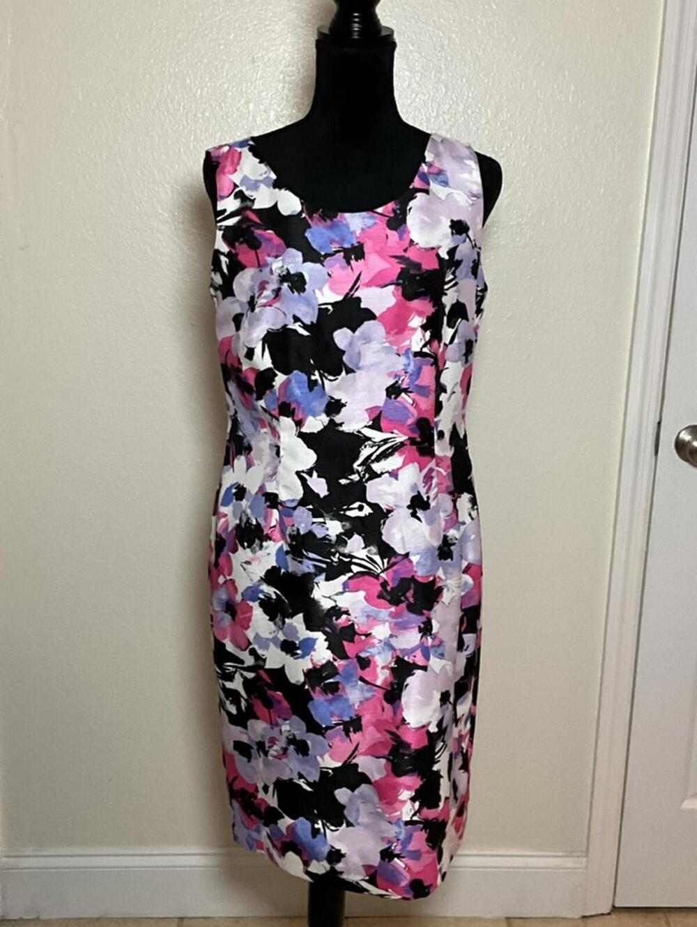 Black Label Evan-Picone Floral Sheath Dress Sz 8 Sleeveless Lined Midi